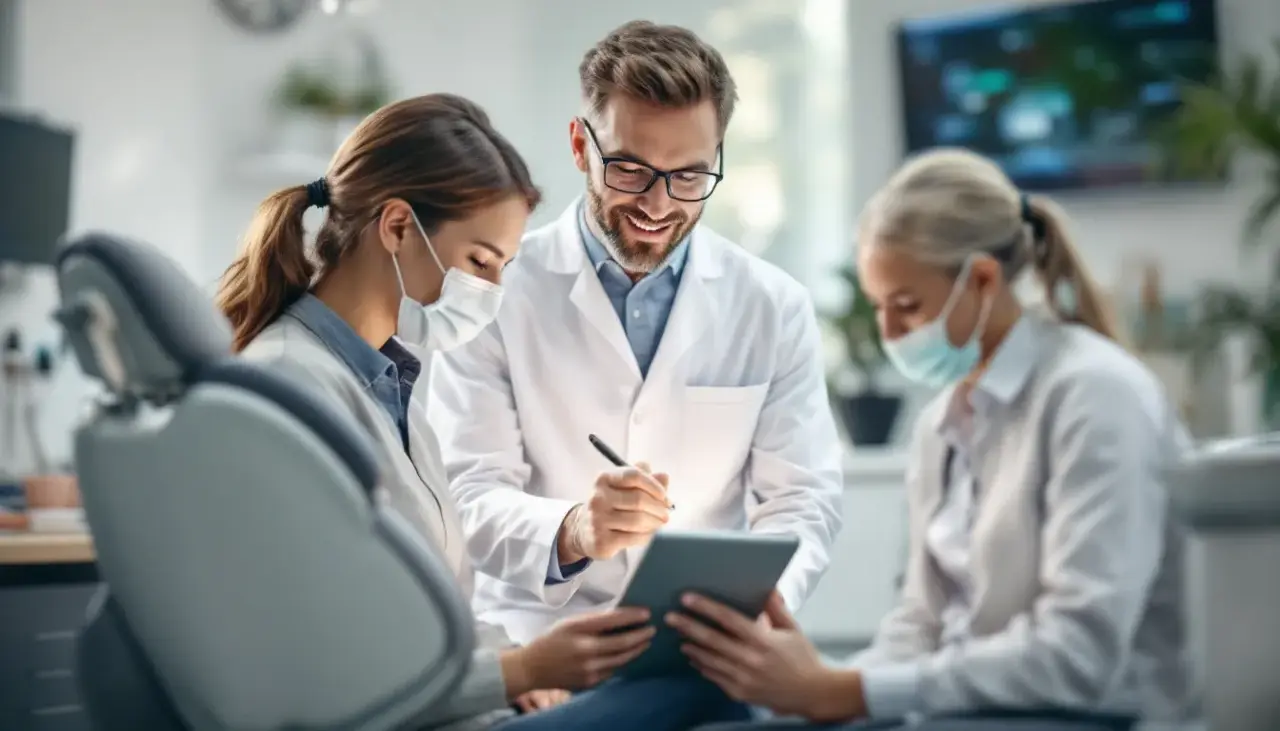 A dentist reviewing treatment options with a patient on a tablet